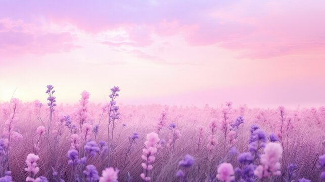 A breathtaking lavender field with soft shades of lilac and pastel pinks and blues. The blooming flowers sway in the gentle breeze, creating a tranquil and serene atmosphere. A picturesque landscape © Aidas