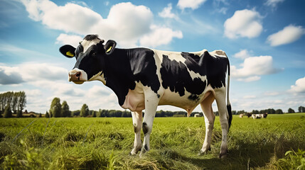 Cow on the lawn. Spotted cow grazing on beautiful green meadow. holstein cow, resting in a meadow. Black and white cow, eco farming in Netherlands. - obrazy, fototapety, plakaty