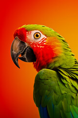 Fototapeta premium Green parrot with red beak on orange background.