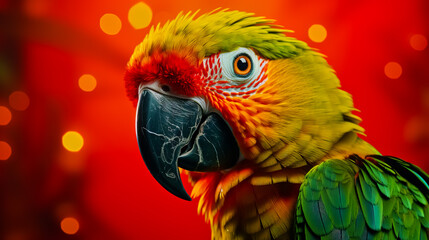 Fototapeta premium Green parrot with red beak on orange background.
