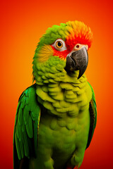 Fototapeta premium Green parrot with red beak on orange background.