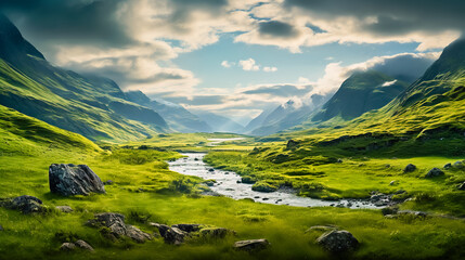 Green pastures in the highlands landscape. - obrazy, fototapety, plakaty