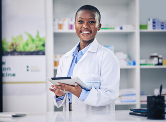 Pharmacy, tablet and black woman with checklist at counter for medicine, information and advice on...