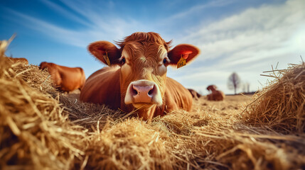 Red Cattle, lying on hay at spring field. Orange breed cow for meat and milk. Farming, - Powered by Adobe