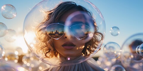 Invisible Barriers: Woman Concealed by a Bubble Faces Hearing Challenges, Reflecting the Sensory World of Living in a Bubble Amidst Hearing Difficulties and Eardrum Concerns - obrazy, fototapety, plakaty