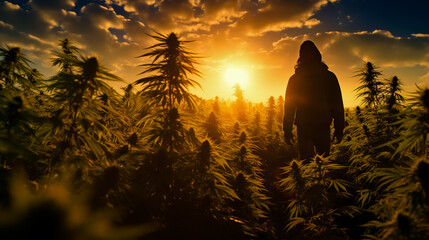 Silhouette of a man on a cannabis plantation in sunlight. - obrazy, fototapety, plakaty
