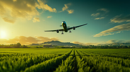 Silhouette of an airplane flying over green fields. - obrazy, fototapety, plakaty