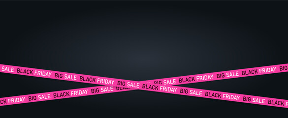 Purple ribbons for black friday sale on black background. Warning tapes, ribbons. marketing advertising, discounts area, decoration element for banners, poster. Vector illustration
