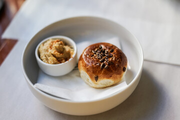 Hummus and breadroll in the restaurant