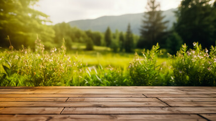 View of wooden deck among tall green grass with rock behind and bushes. lifestyle, walking in park, healthy vacation. - Powered by Adobe