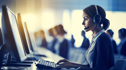 Business people wearing headset working actively in office. Call center, telemarketing, customer support agent provide service on telephone video conference call. - obrazy, fototapety, plakaty