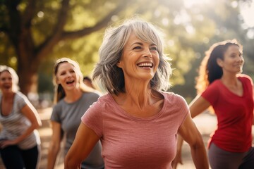 A group of middle-aged women enjoying a joyful dance