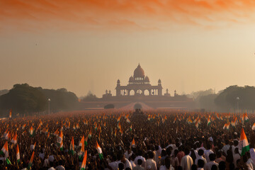 People crowd on the square Indian flag republic day - obrazy, fototapety, plakaty