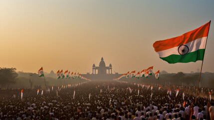People crowd on the square Indian flag republic day - obrazy, fototapety, plakaty