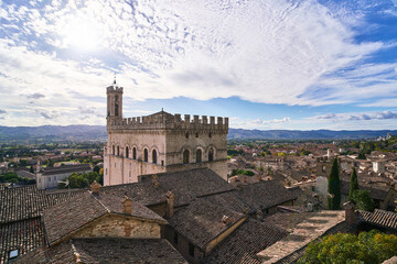 The medieval town of Gubbio with a view on the gothic building Palazzo dei Consoli, Umbria, Italy