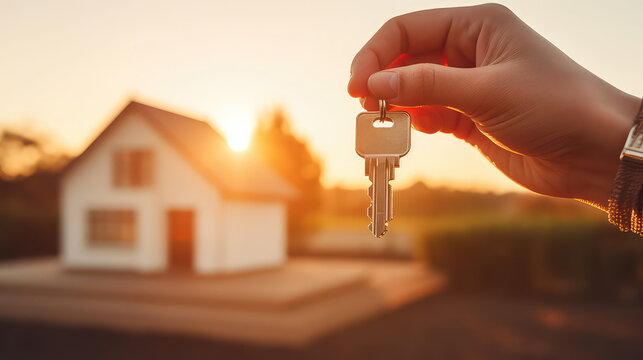 Human hand holds the key from new house with house background. Moving to new house