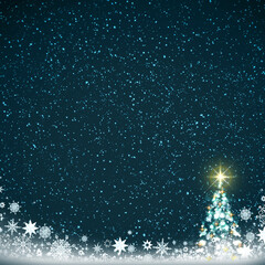 Christmas tree with golden star isolated on green background.
