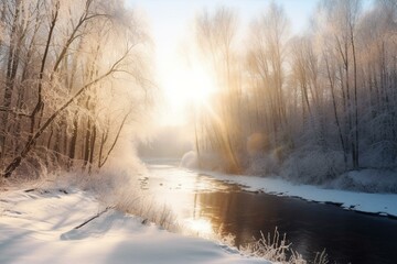 Winter landscape with river, snowy forest, and bright sunlight. Generative AI