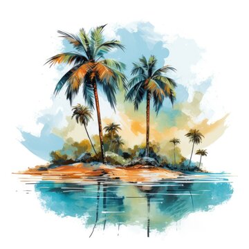 Beautiful poster drawn in watercolor style, Summer landscape, desert island, palm trees, sea, sand, rest, relaxation