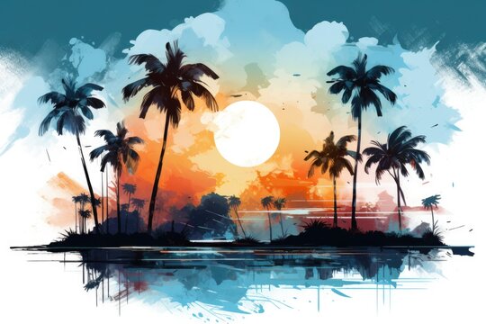 Beautiful poster drawn in watercolor style, Summer landscape, desert island, palm trees, sea, sand, rest, relaxation