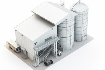 Agricultural elevator storage building with white background, top view. Generative AI