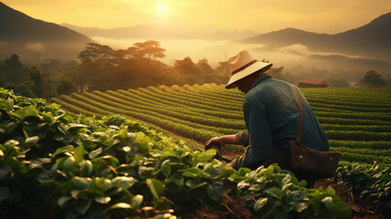 Fototapeta premium young man in the field harvesting leaves