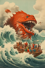 An illustration of a large red fish swimming through seas surrounding people on a boat.