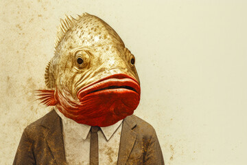 Man dressed in a suit and tie with fish in head. - obrazy, fototapety, plakaty