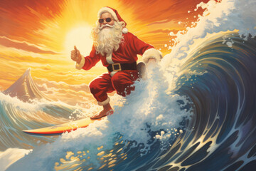 Surfer Santa rides a surfboard in the middle of high waves