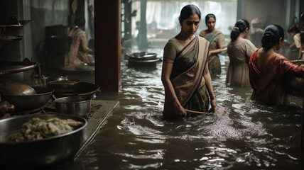 women in a flooded kitchen