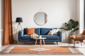 cozy, modern living room with a blue sofa and orange accents
