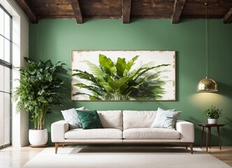 modern, stylish living room with green accents and plants