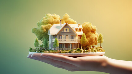 real estate or home. a man holding a house with palm in the hand