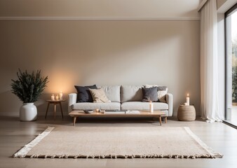 modern, minimalist living room with gray sofa and plants in a neutral color palette