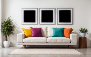 white living room with a wooden floor, a white rug, a white sofa, yellow, pink, and teal pillows, and black frames on the wall