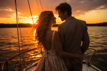 Beautiful couple waiting to  cudling and hugging as they sail on a yacht against a sunset.