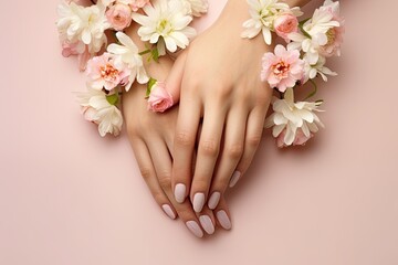 Obraz na płótnie Canvas Delicate and soft female hands with a beautiful light manicure on short nails, lies on a light pink background, surrounded by some autumn aster flowers
