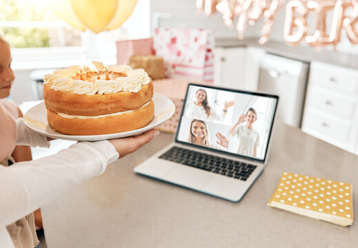 Family, Birthday Party And A Laptop Video Call, Zoom And Online Celebration In Lockdown, Quarantine And Social Distancing. Children And Distant Friends Celebrating Event With Cake And Dessert At Home