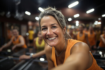 A woman in an orange T-shirt is doing fitness in the gym and smiling at the camera. Healthy...