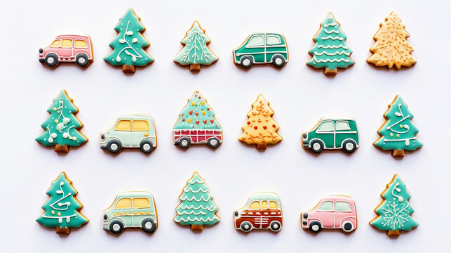 Christmas cookies with icing sugar in the shape of cars and fir trees. Ginger cookies on a white background in three rows