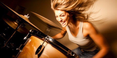 Fototapeta na wymiar Young, cute female drumming fast with motion blur effect.