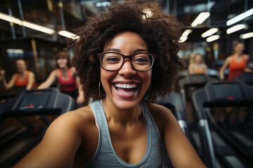 A woman of African descent in a blue T-shirt is doing fitness in the gym and laughing at the camera. Healthy lifestyle concept. - obrazy, fototapety, plakaty
