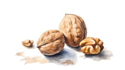 walnuts and walnutshells isolated against transparent background in watercolor painting style