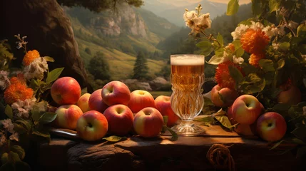 Fotobehang Apple cider and fresh apple harvest on wooden table in garden against backdrop of mountains. © Pion Studio
