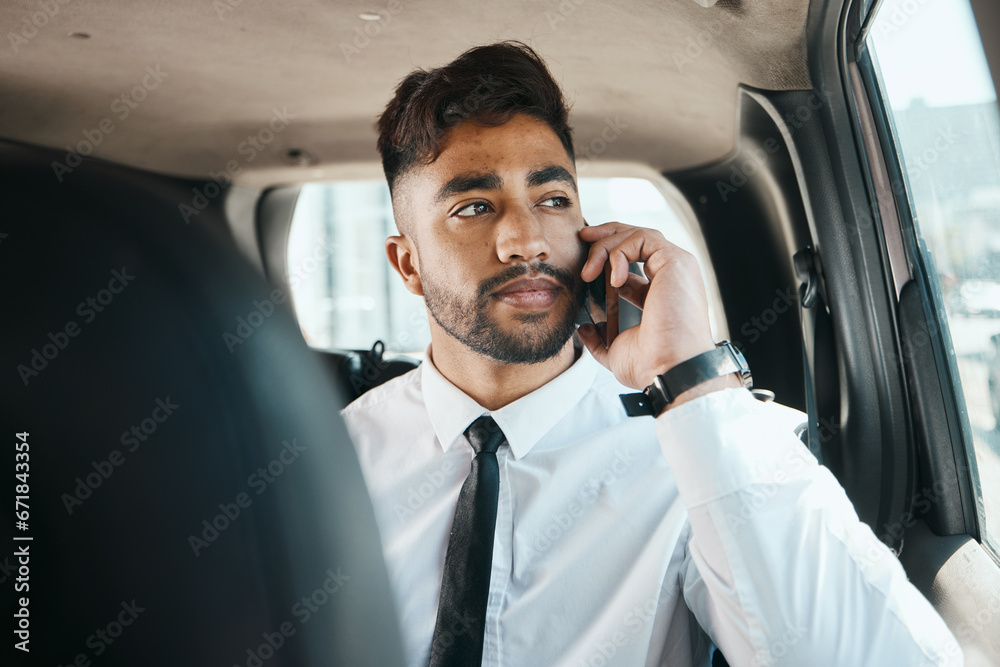 Poster serious man, phone call and travel in business car for connection, mobile networking and journey. in