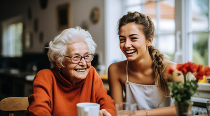 Lively Kitchen Scene: Young Caregiver and Elderly Woman Share a Laugh