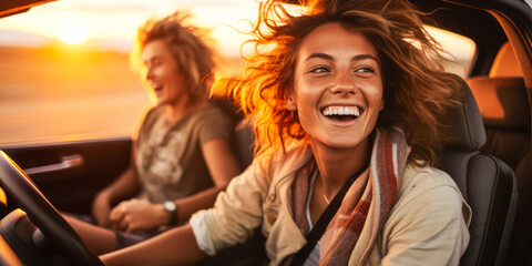 BFFs on the Move: Two Young Females Having Fun in Car at Sunset - obrazy, fototapety, plakaty