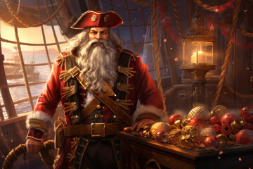 Obraz premium Pirate Santa with a red striped pirate hat, hinting at adventurous holiday tales