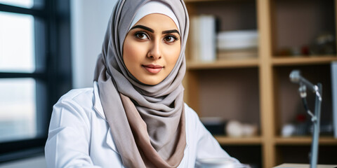 Confident Asian Muslim Woman Doctor with Stethoscope in Doctor's Office - obrazy, fototapety, plakaty
