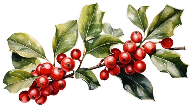 ilex twig with red berries isolated against transparent background in watercolor painting style